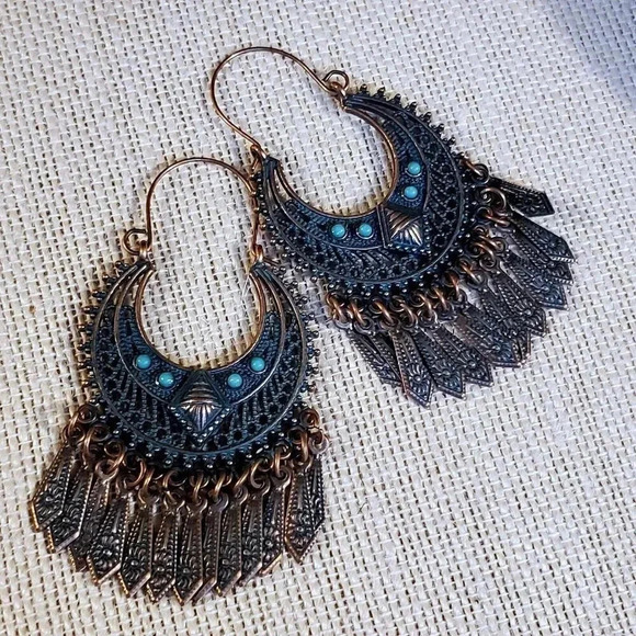 Antique Copper Verdigris Blue Green Patina Edgy Geometric Dangles Earrings - Picture 6 of 8